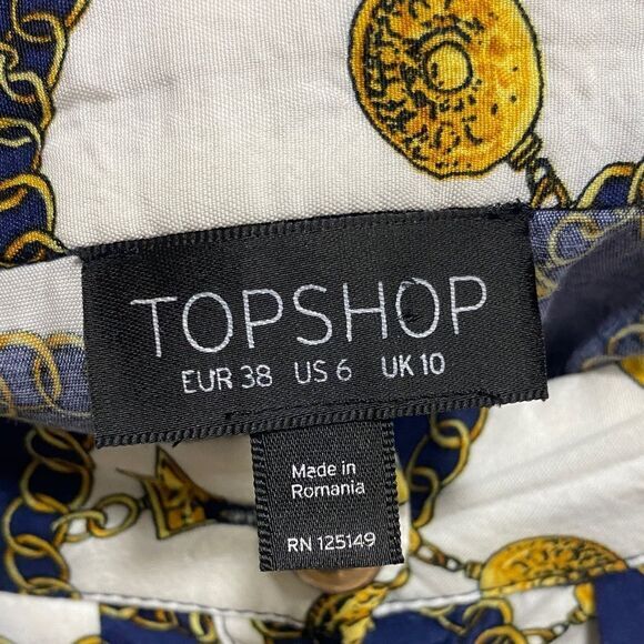 Topshop Navy Gold Chain Print Mini Skirt US 6 Button Front‎ Pockets Baroque - Picture 2 of 12